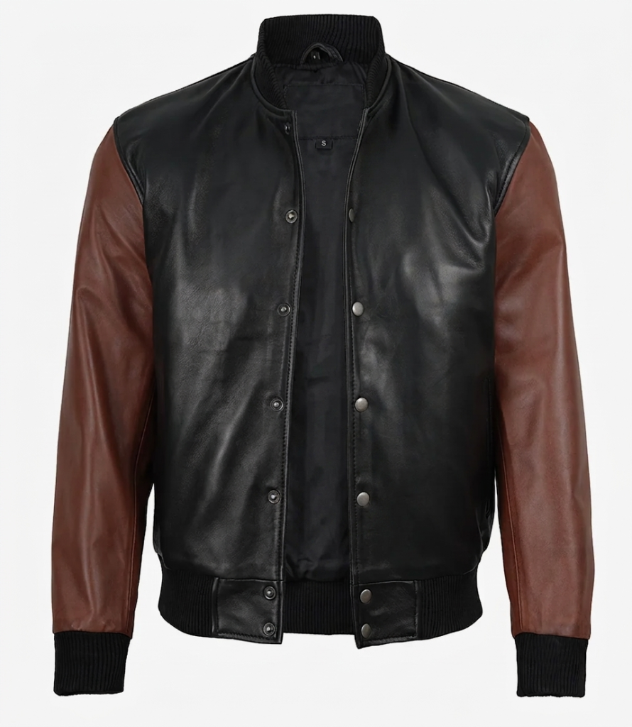Varsity Bomber Jacket in black and cognac, men's front view