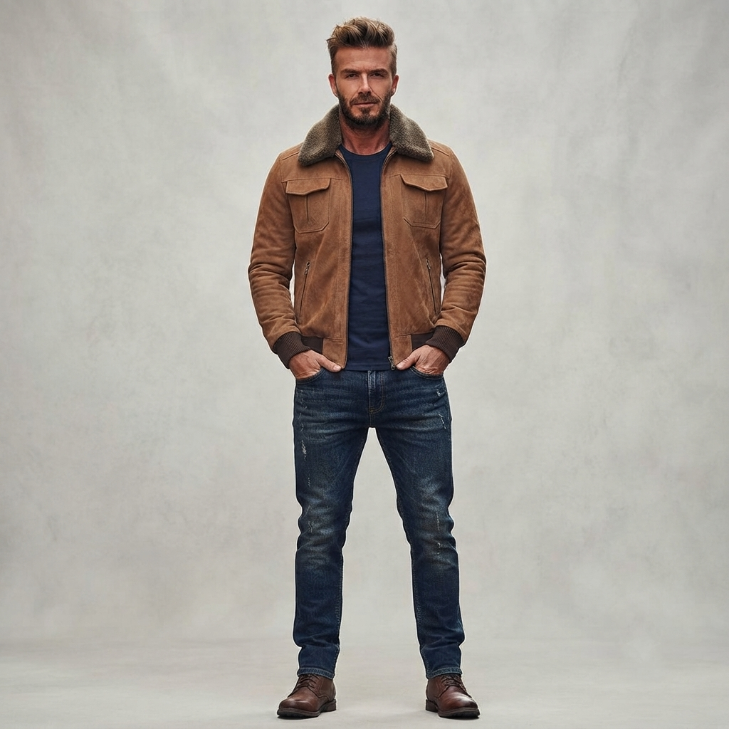 Vintage Leather Bomber Jacket – Lifestyle Look Person wearing vintage leather bomber jacket with shearling collar