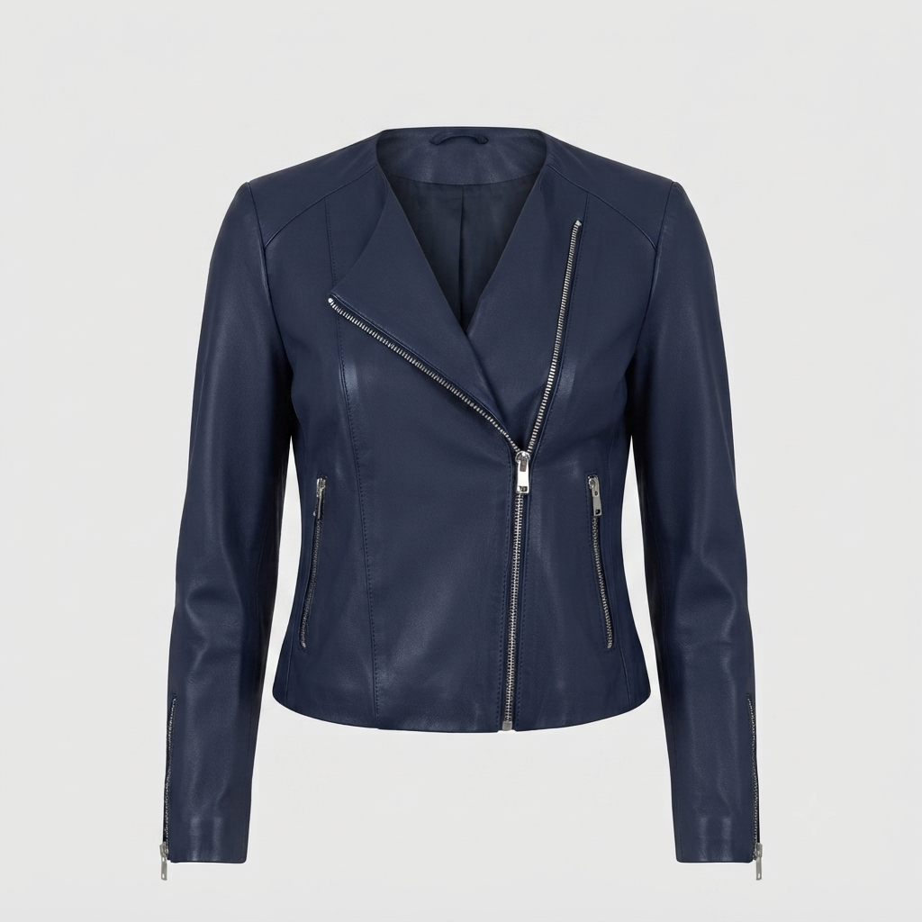 Blue leather jacket for women front view