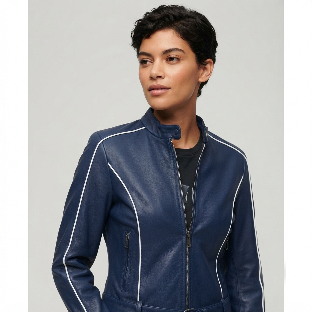 woman wearing blue hooded leather jacket
