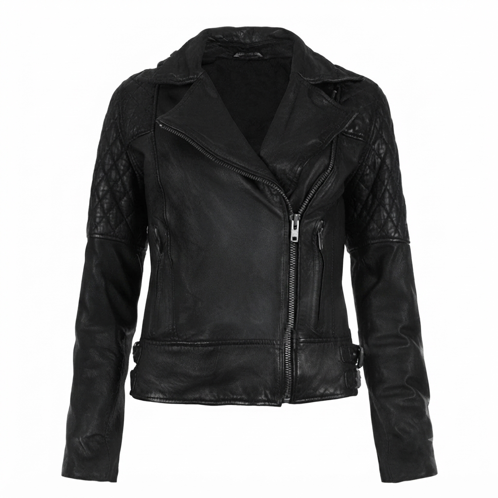 Quilted Asymmetrical Leather Jacket in black, women's front view