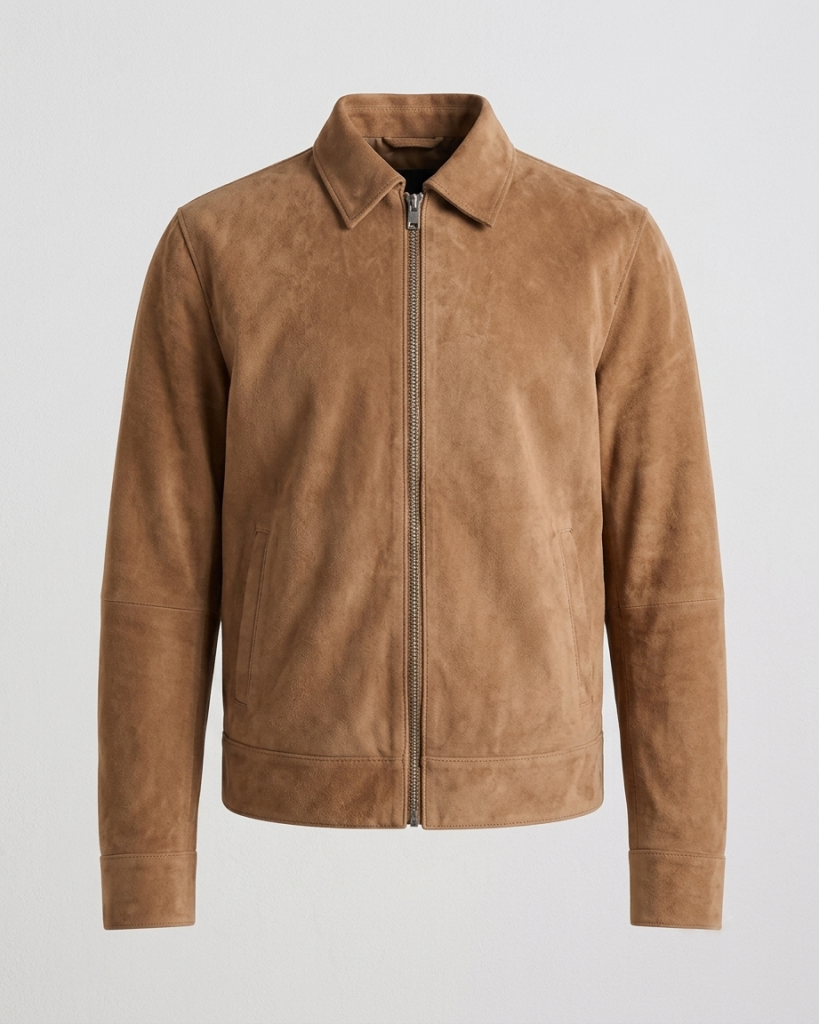 Men's pecan brown suede Harrington jacket front view