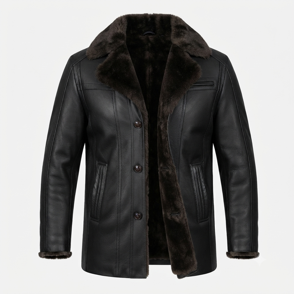 black shearling aviator jacket front view