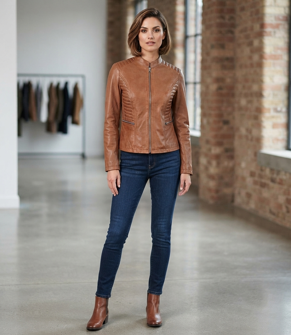 Women's Cognac Leather Jacket – Lifestyle Shot Woman wearing cognac leather jacket outdoors