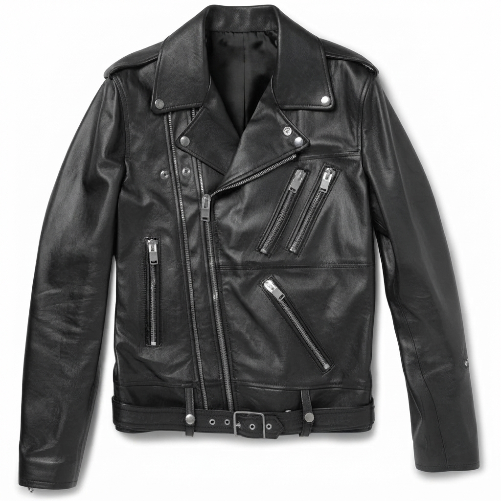 Stand Collar Leather JacketRound Cuff Leather Jacket in black leather, men's front view