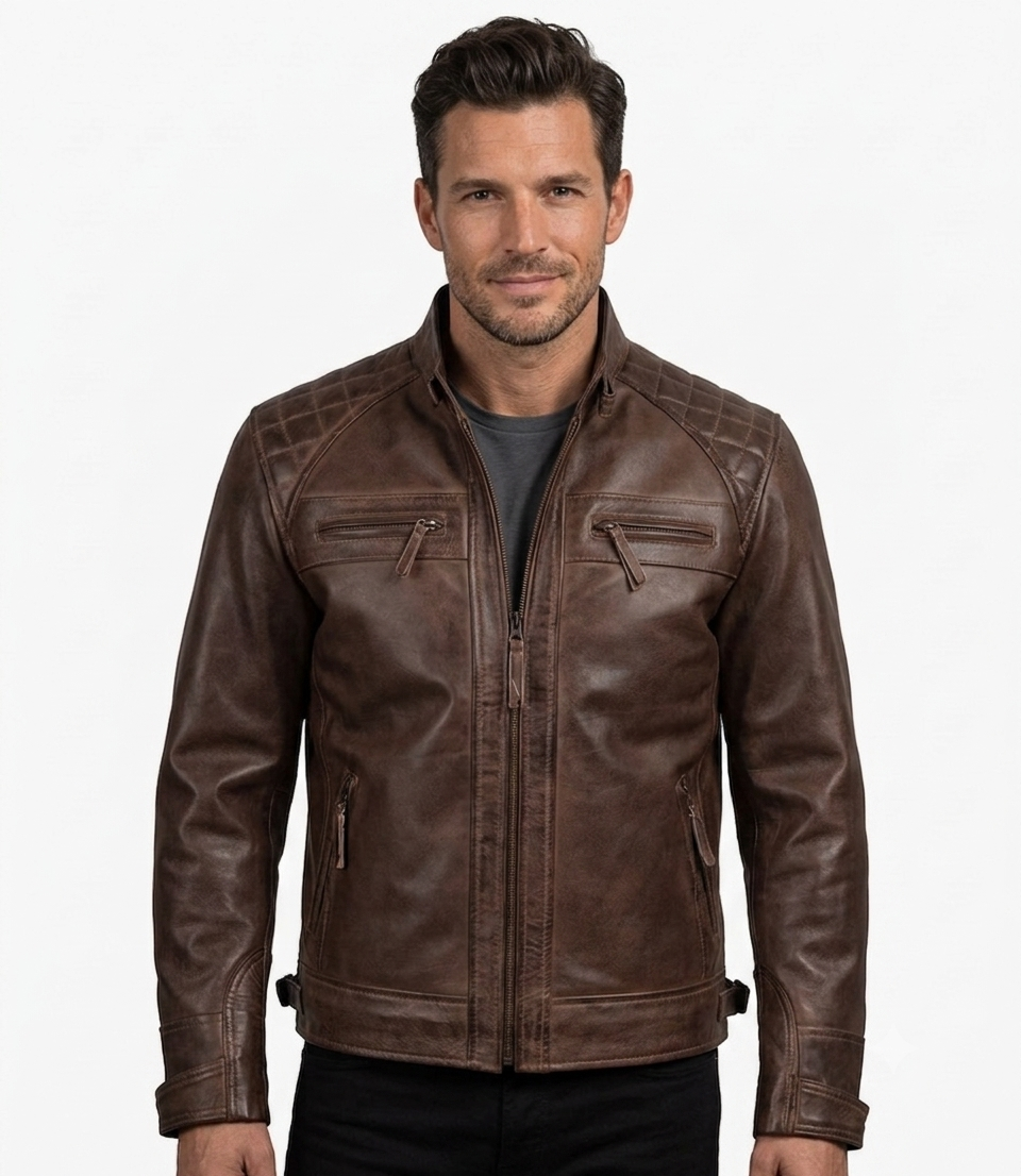 Chocolate Brown Leather Jacket for Men - Lifestyle Shot chocolate brown leather jacket for men worn outdoors lifestyle