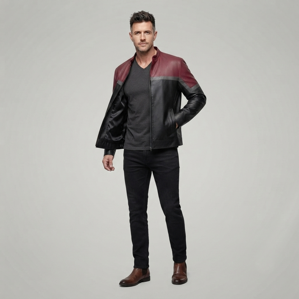 Red and Black Leather Jacket – Lifestyle Shot man wearing red and black leather jacket
