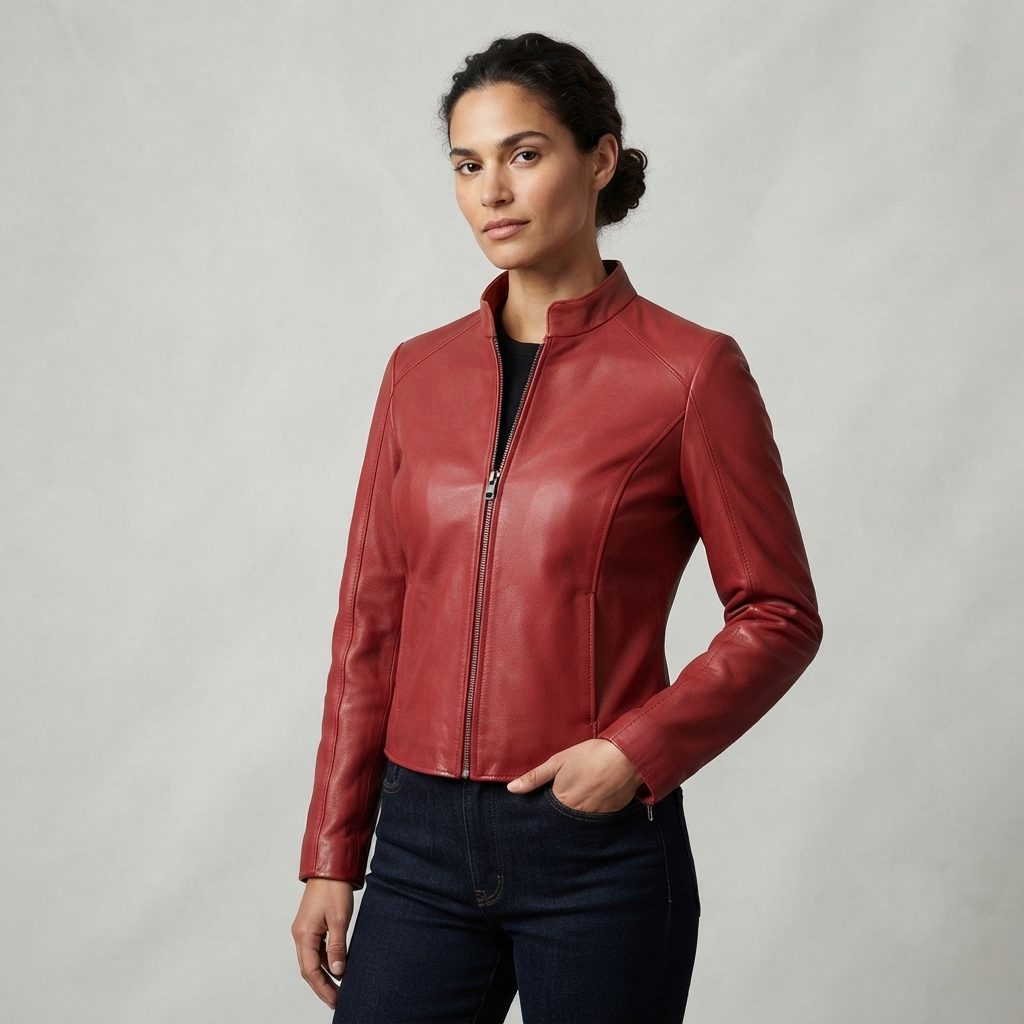 Red Leather Jacket Lifestyle Shot woman wearing red leather jacket