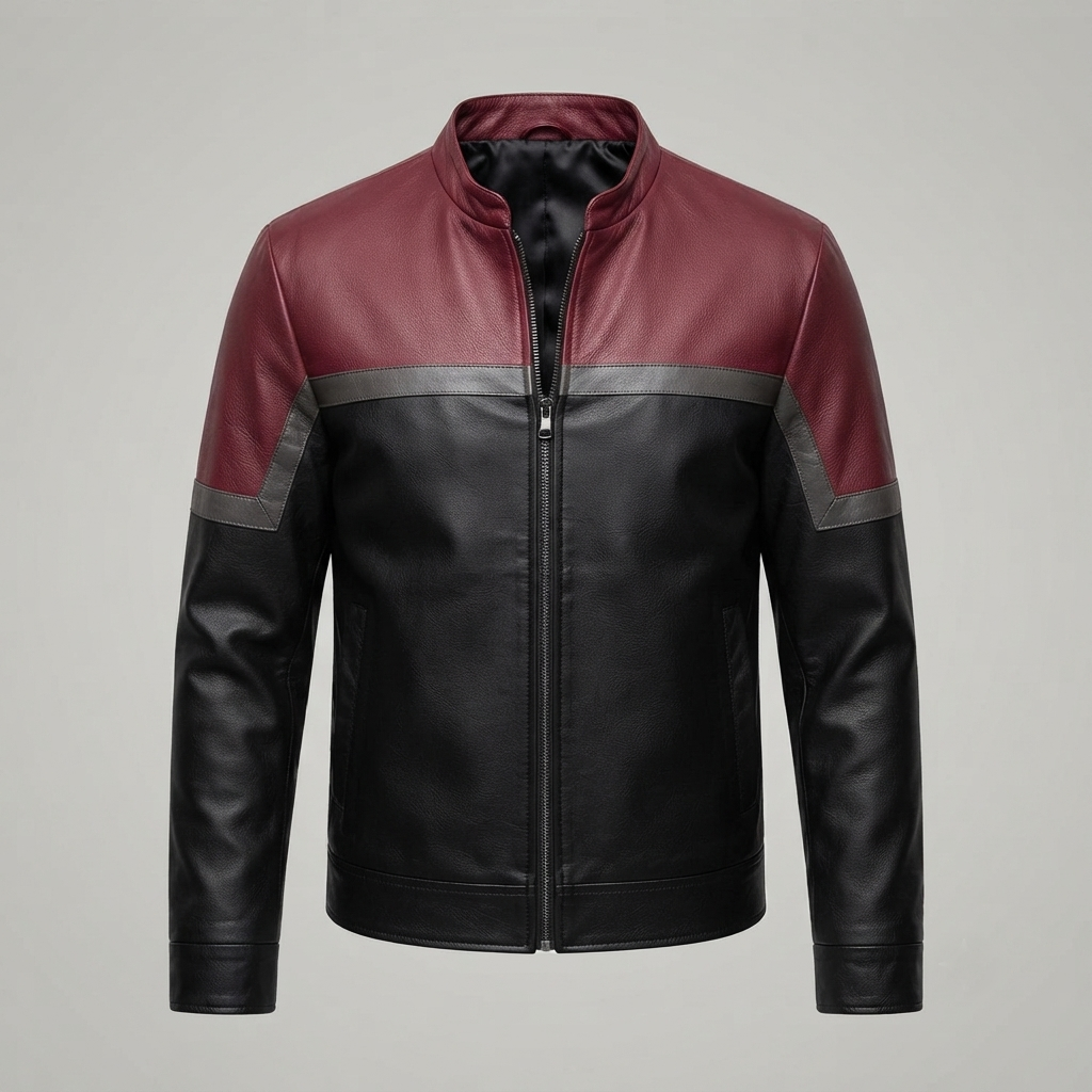 red and black leather jacket front view