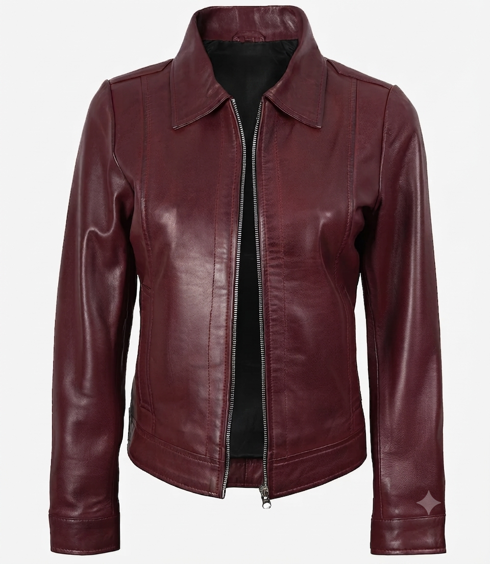 Women's Leather Harrington Jacket – Collar and Zip Detail (1) Close-up of shirt collar and zip closure on burgundy leather jacket
