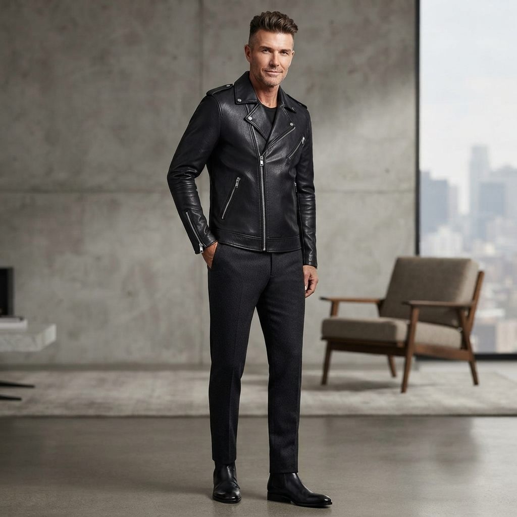 Slim Fit Biker Jacket – Lifestyle Shot Man wearing black Slim Fit Biker Jacket outdoors