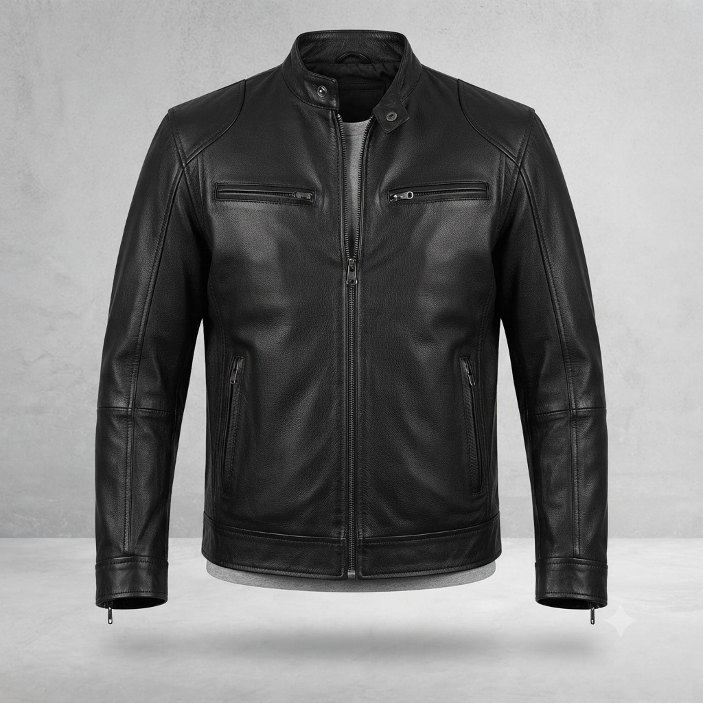 black lambskin biker jacket front view