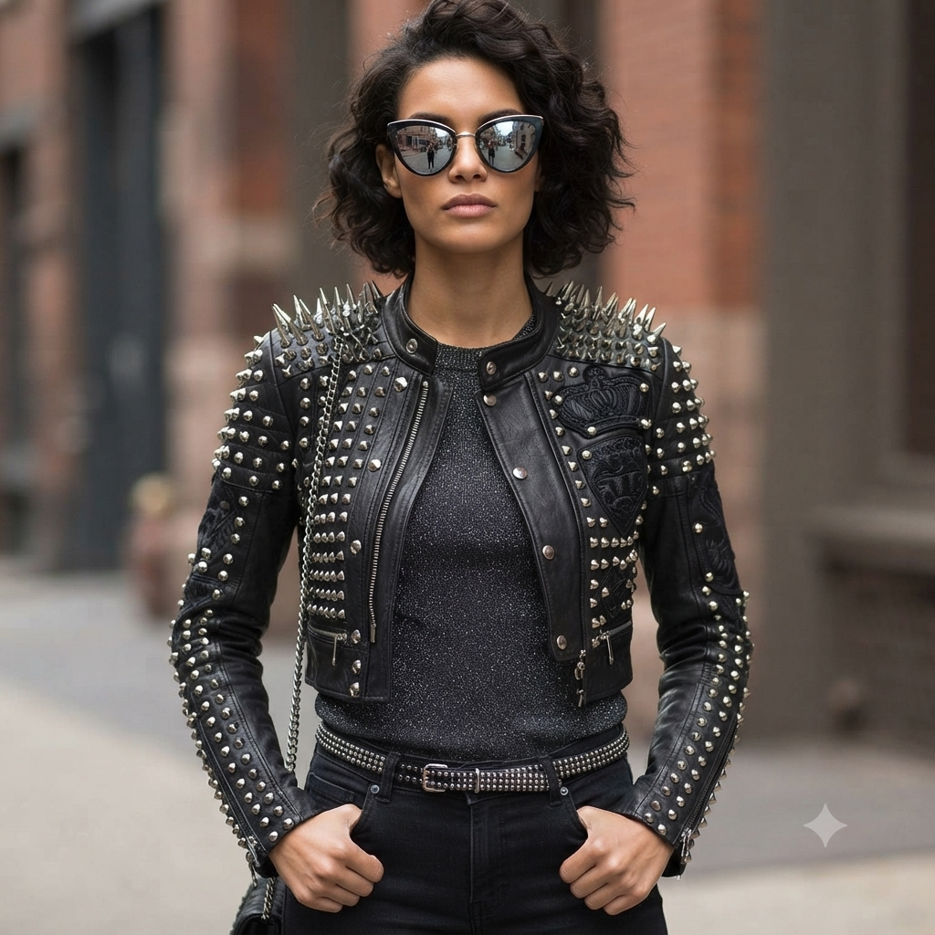 Woman Wearing Gigi Hadid Inspired Studded Cropped Leather Jacket