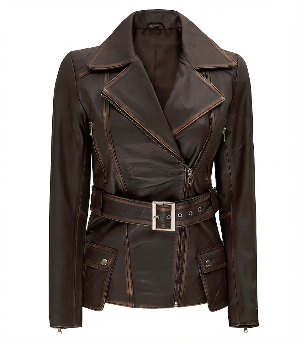 Women's Distressed Leather Jacket – Front View Women's distressed leather jacket in brown — front view