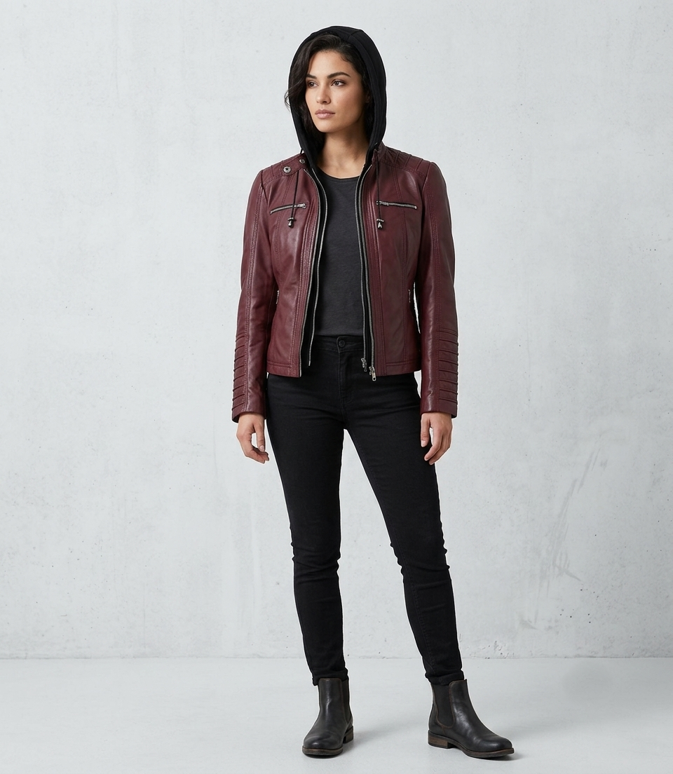 Hooded Biker Jacket – Lifestyle Shot (1) Woman wearing maroon Hooded Biker Jacket outdoors
