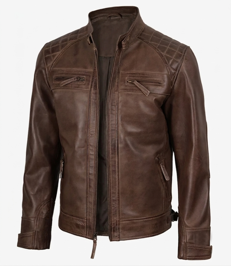 chocolate brown leather jacket for men front view