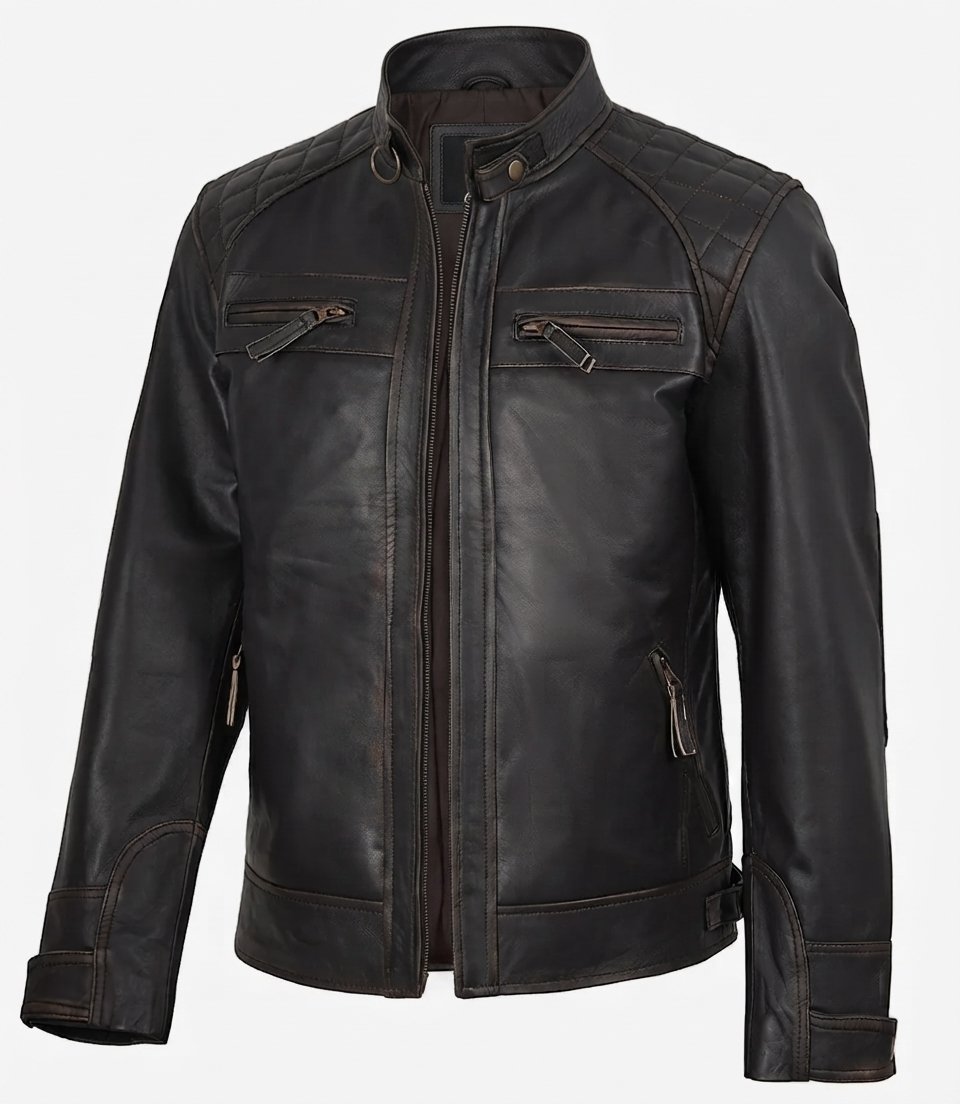 Men's Brown Leather Jacket – Collar and Cuff Detail Close-up of buckle strap collar and cuffs on brown leather jacket