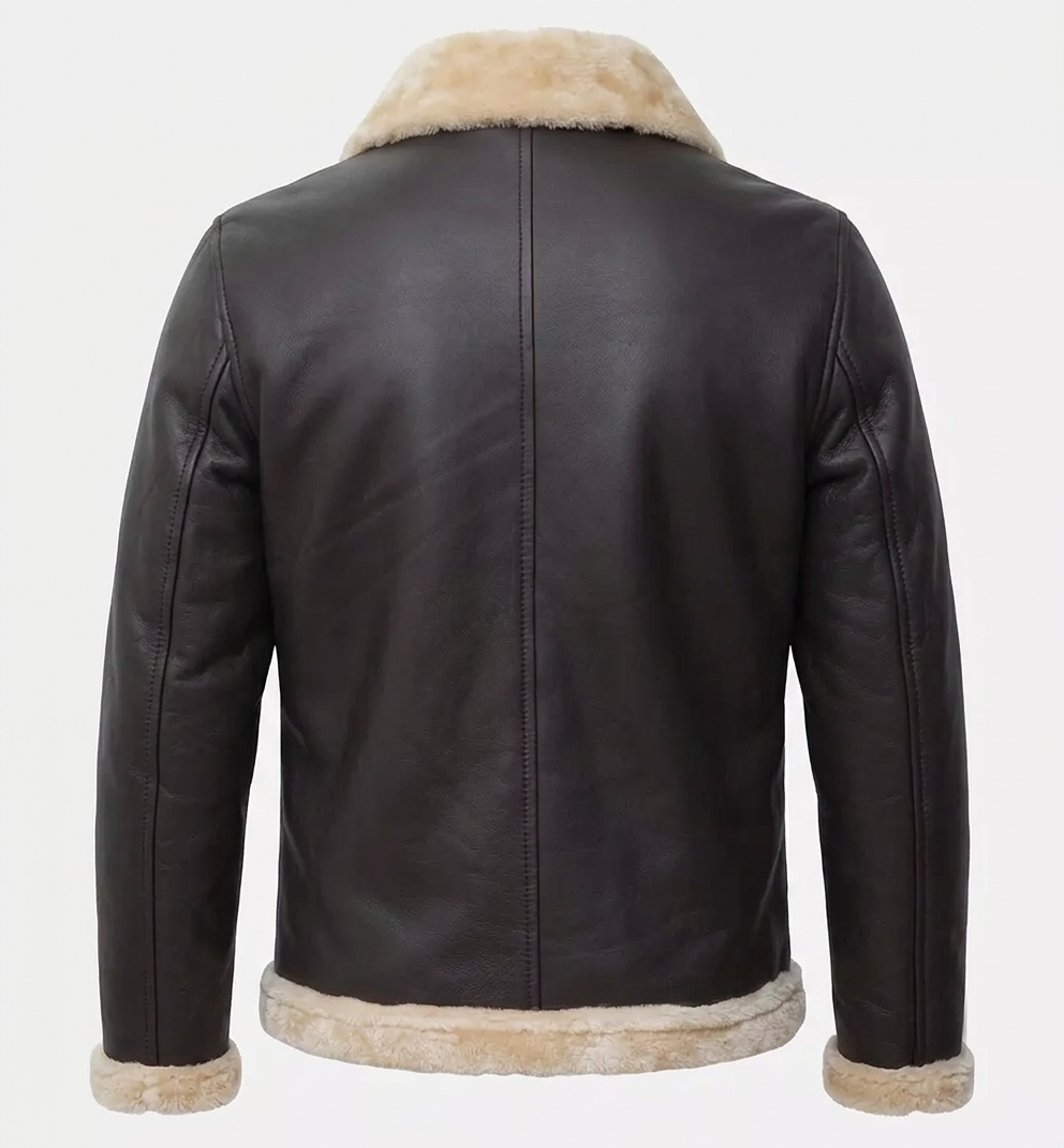 Shearling Bomber Jacket – Back View Back view of men's dark brown shearling bomber jacket