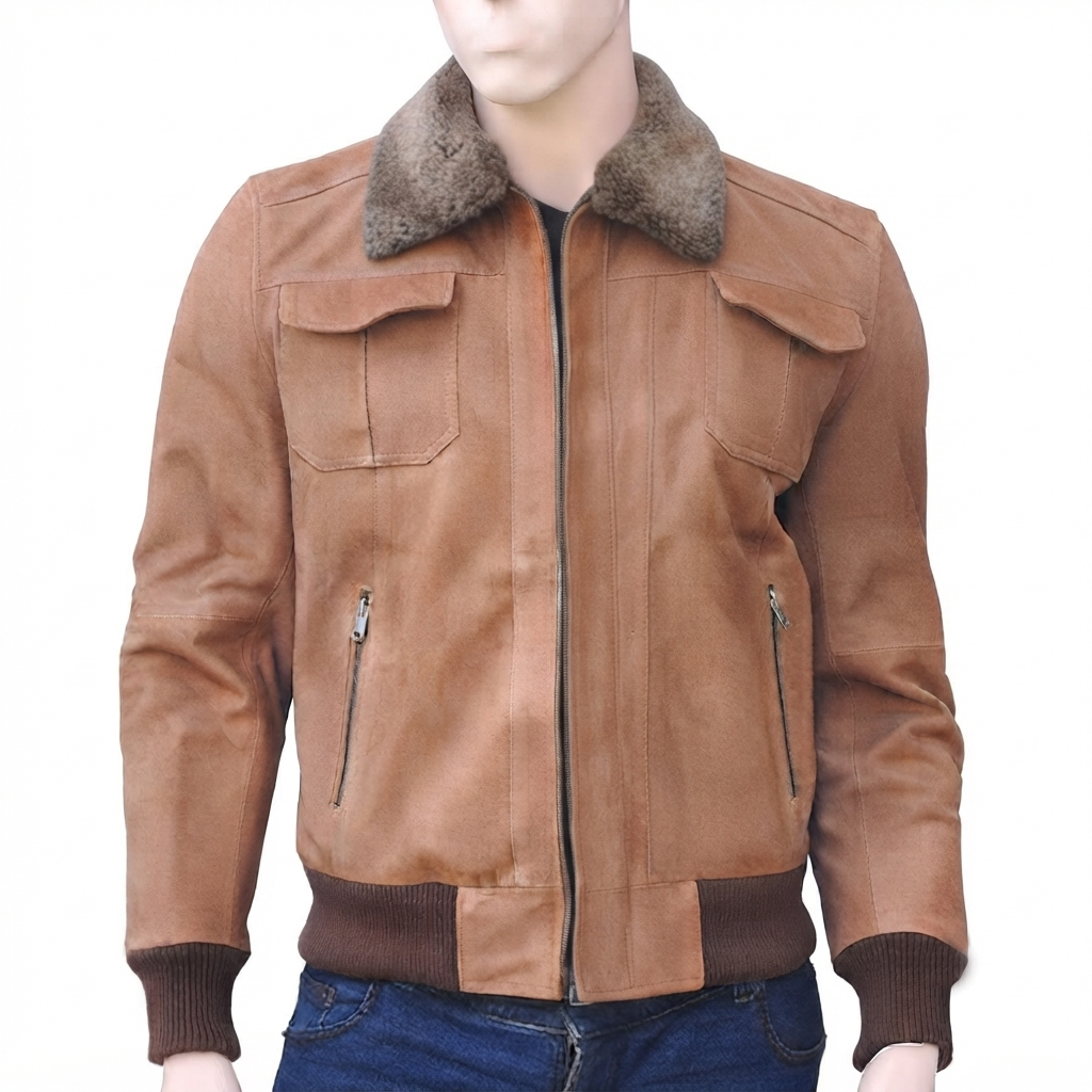 Vintage brown leather bomber jacket with shearling collar front view