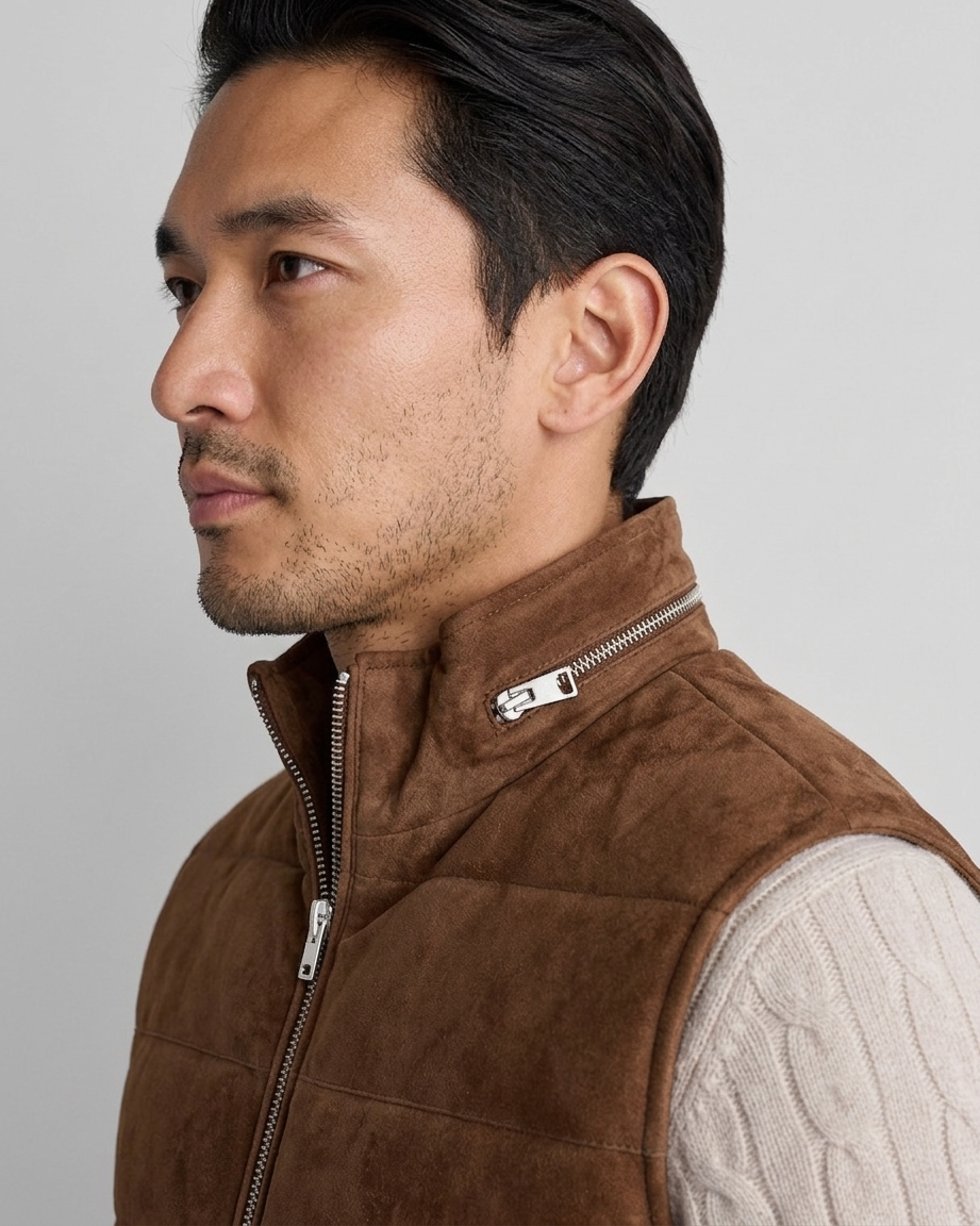 Suede Puffer Vest – Detail Shot Close-up of suede puffer vest stowable hood and zipper