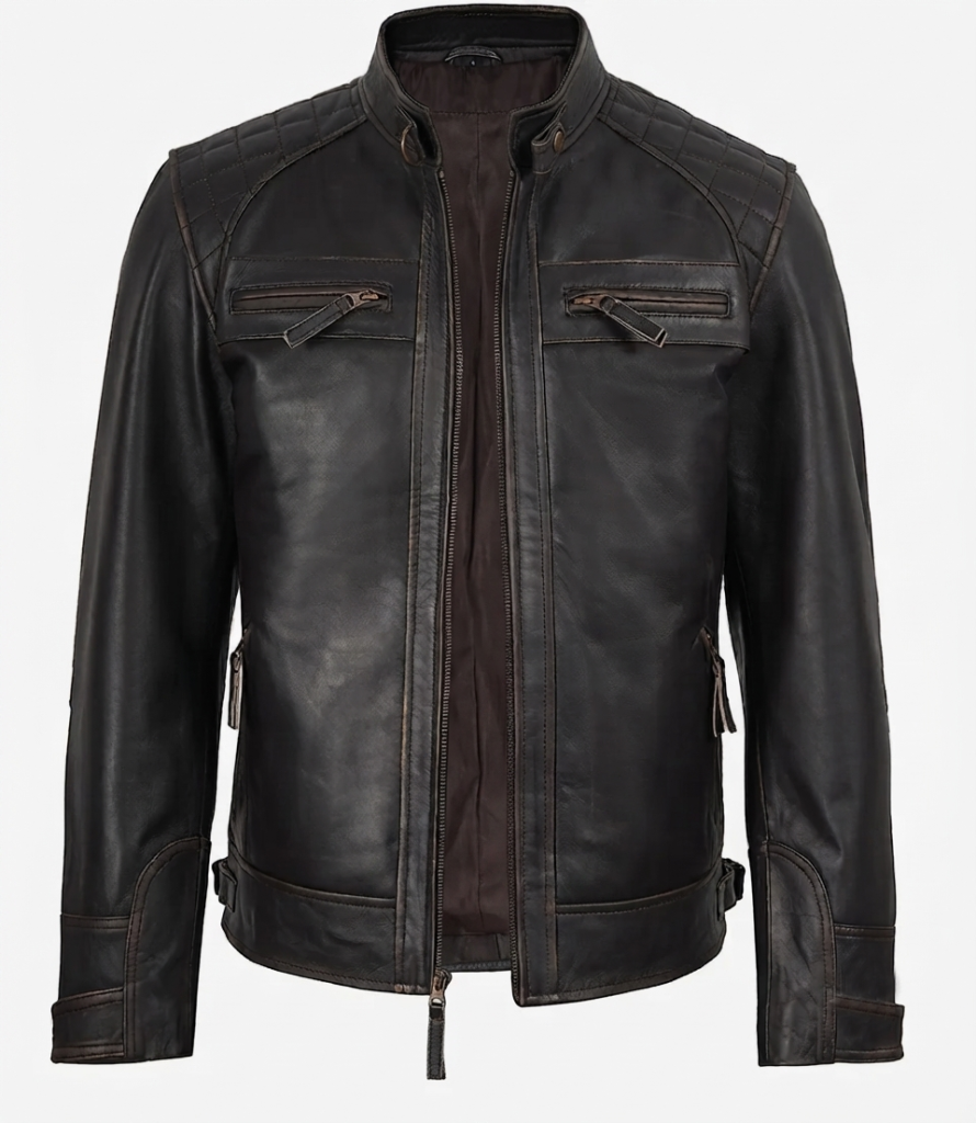 Men's brown leather jacket — front view
