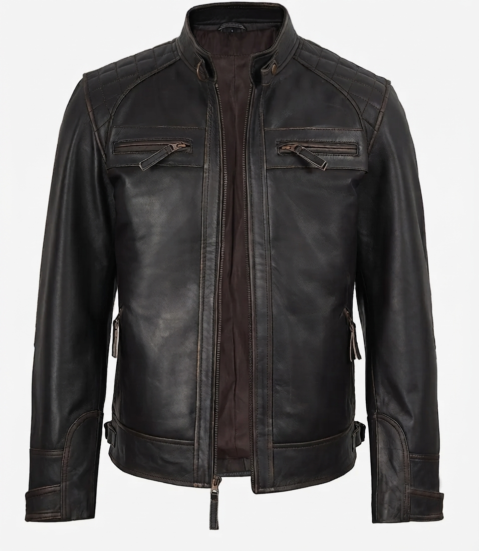 Men's Brown Leather Jacket – Front View Men's brown leather jacket — front view
