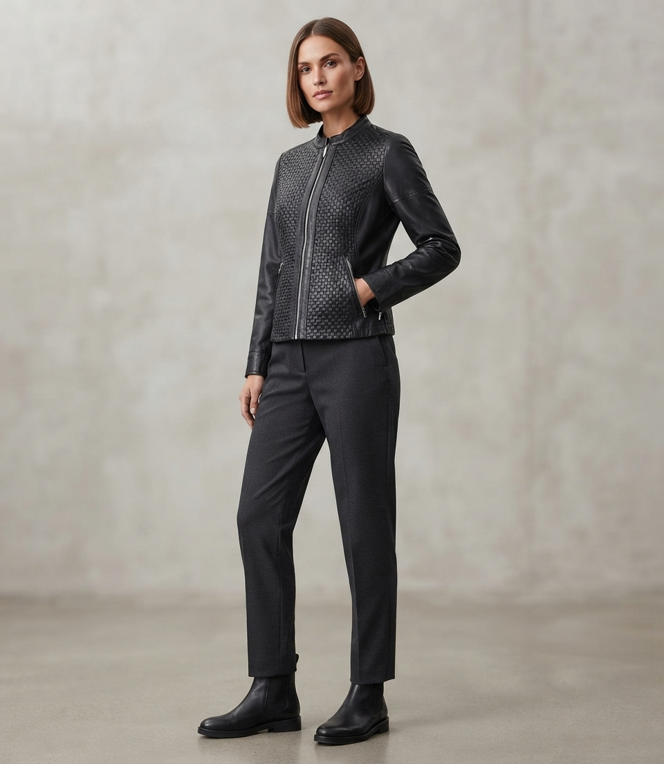 Women's Slim Fit Leather Jacket – Lifestyle Shot Woman wearing black slim fit leather jacket