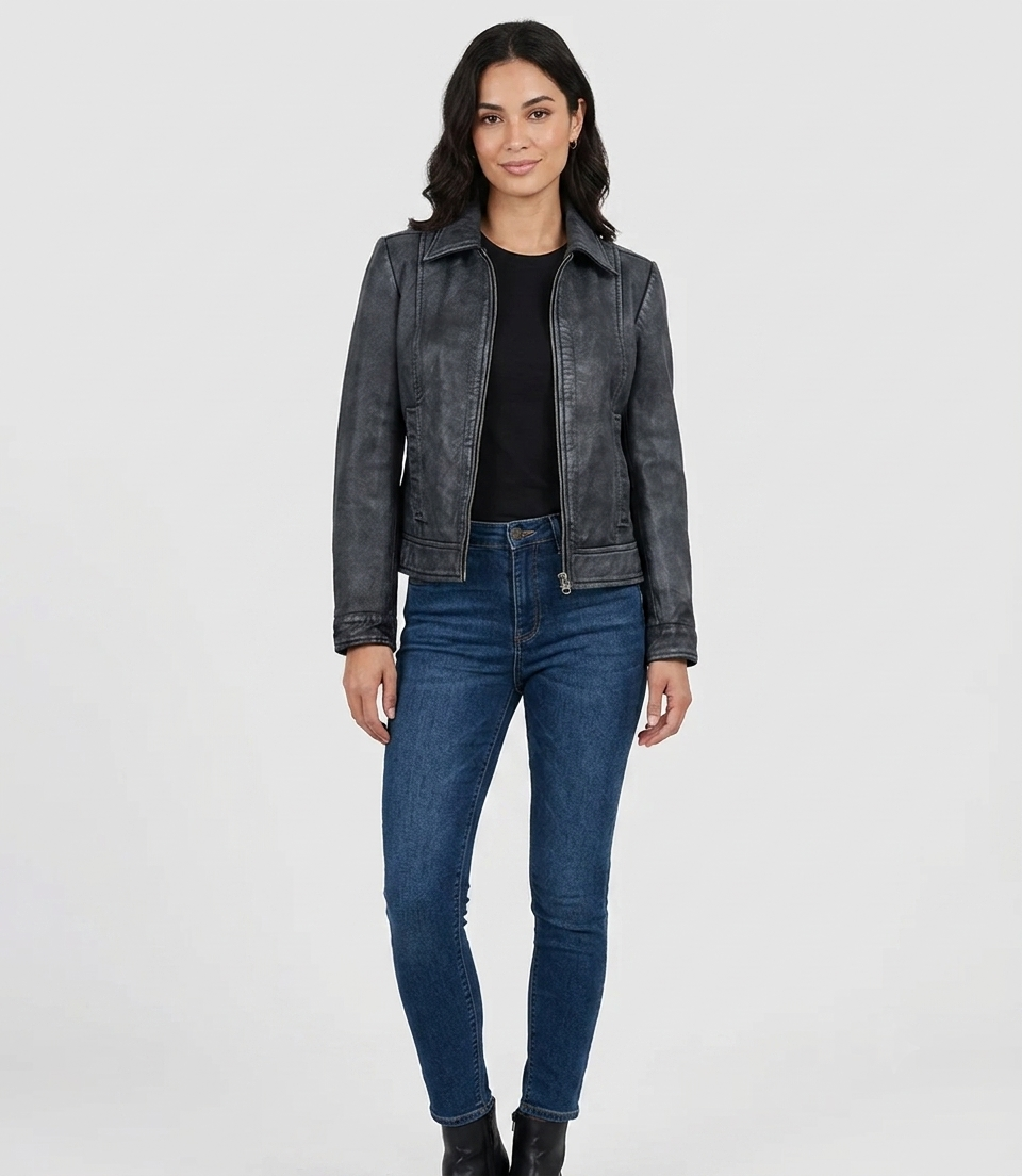 Washed Leather Jacket - Lifestyle Shot Woman wearing washed leather jacket with shirt collar