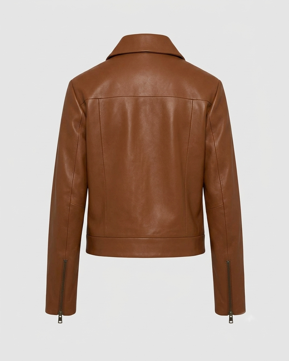 Cropped Leather Jacket - Back View Cropped leather jacket back view cognac brown sheep leather
