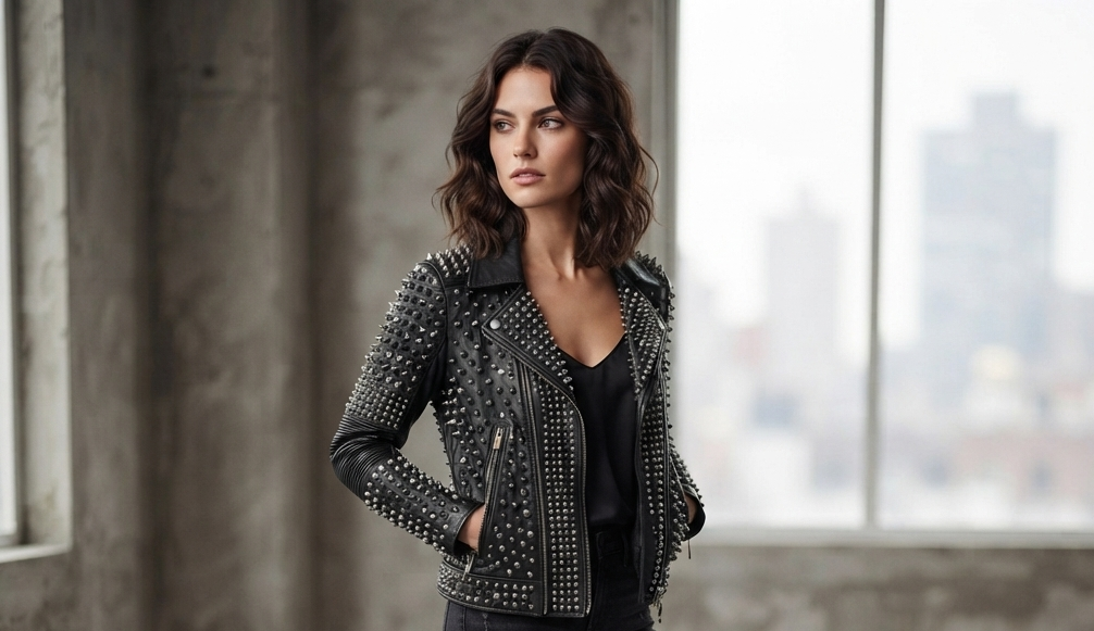 Studded Leather Biker Jacket – Styled Look Woman wearing black studded leather biker jacket with jeans