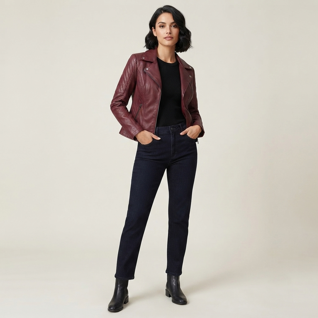 Long Leather Jacket Lifestyle Shot woman wearing long leather motorcycle jacket