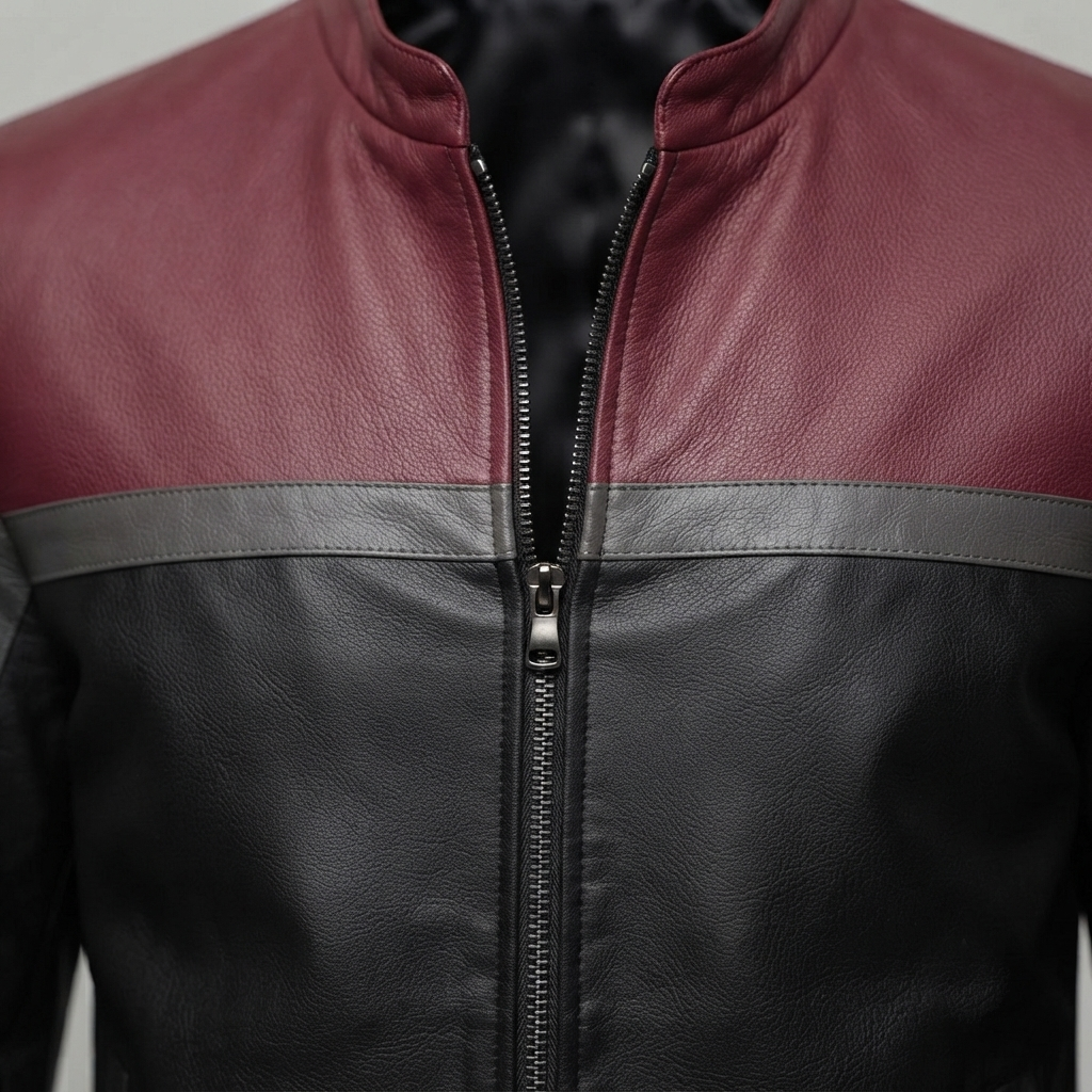 Red and Black Leather Jacket – Detail Close-up red and black leather jacket collar detail close-up