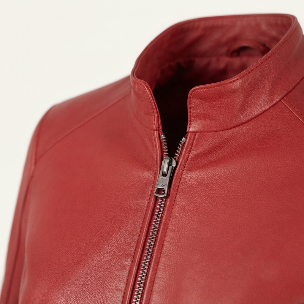 Red Leather Jacket Zipper Detail close-up of women's red leather jacket zipper detail
