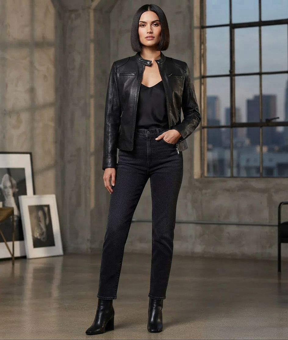 Women's Leather Biker Jacket – Lifestyle Shot Woman wearing black leather biker jacket outdoors