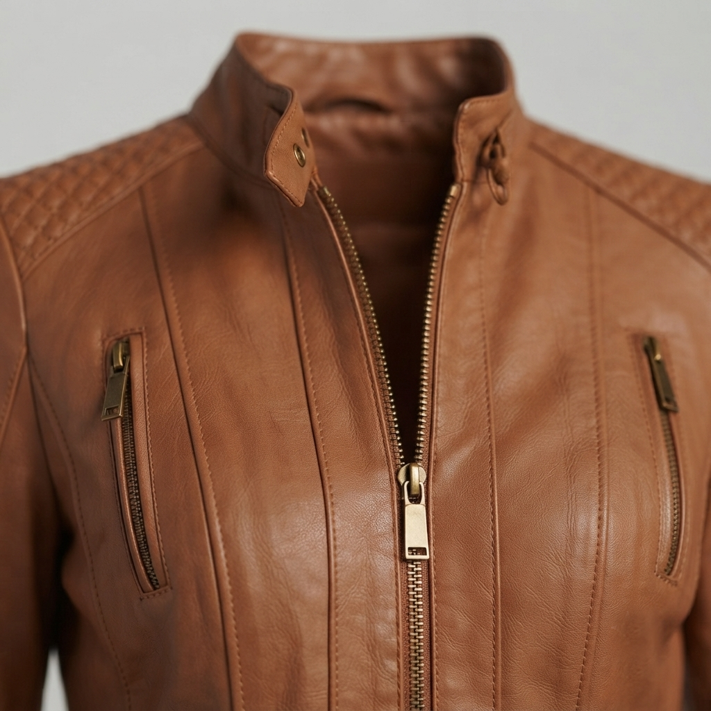 Brown Motorcycle Leather Jacket – Detail Close-up brown motorcycle leather jacket hardware detail close-up