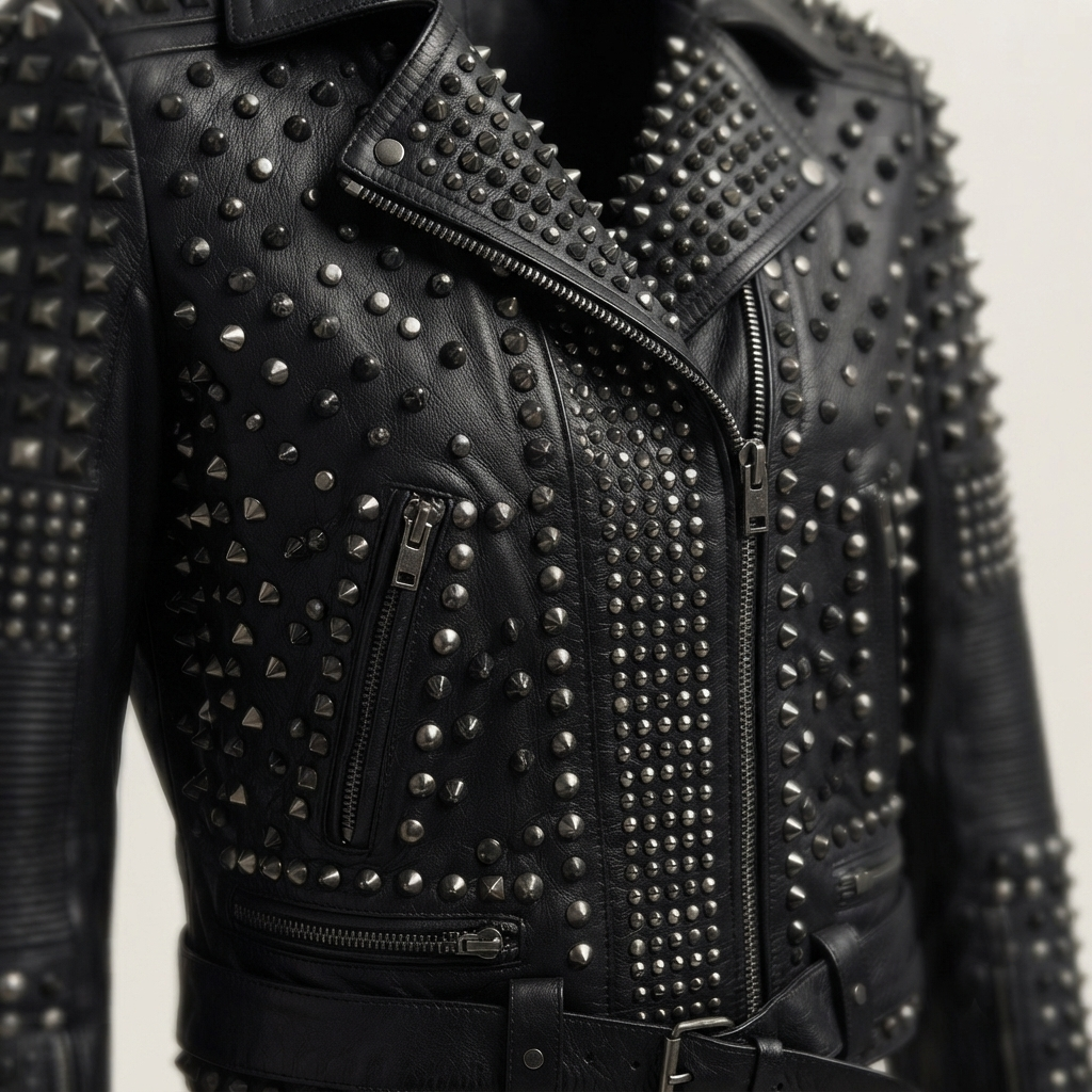 Studded Leather Biker Jacket – Detail Shot Close-up of studs and Close-up of studs and collar on studded leather biker jacket