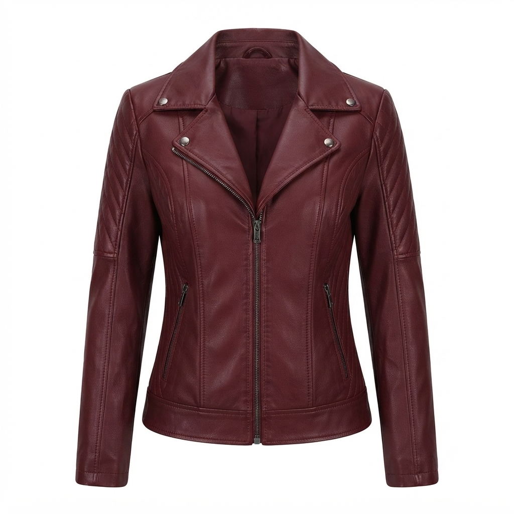 women's long leather jacket front view