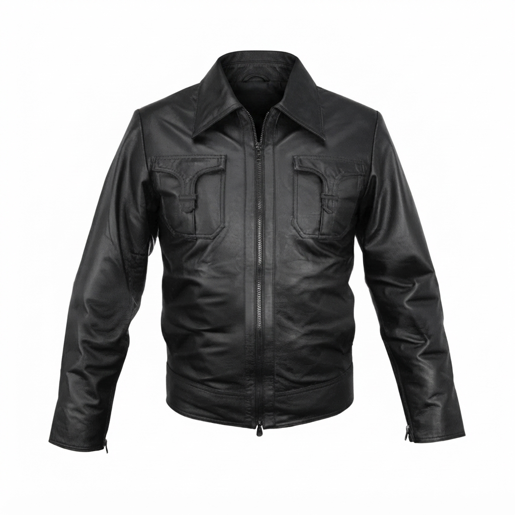 Flap Pocket Bomber Jacket in black leather, men's front view