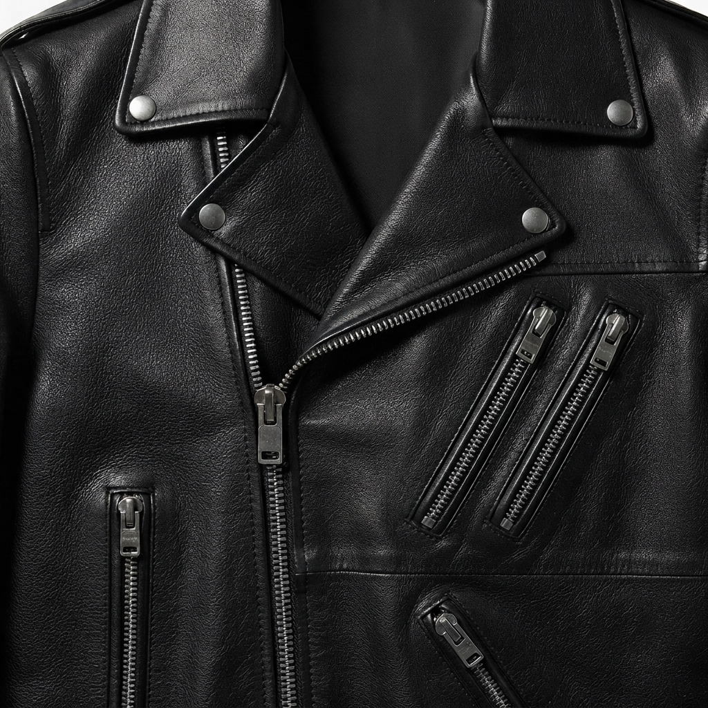Round Cuff Leather Jacket – Detail Shot Close-up detail of Round Cuff Leather Jacket zipper and snap-tab cuffs