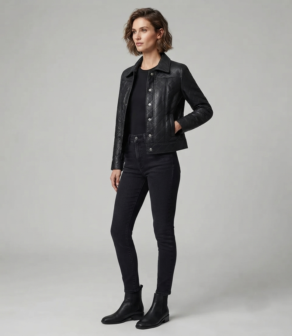 Women's Quilted Leather Jacket – Lifestyle Shot Woman wearing black quilted leather jacket