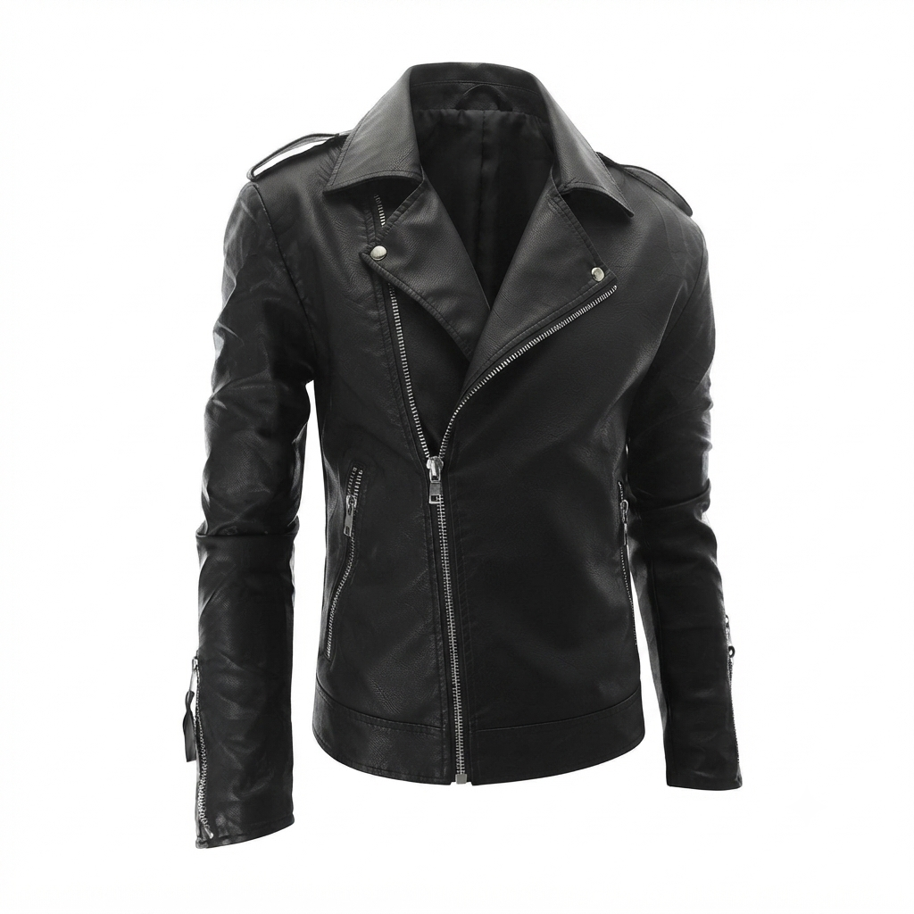 Slim Fit Biker Jacket in black leather, men's front view