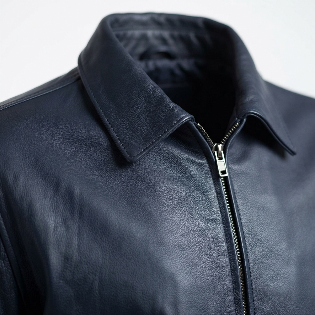 Collar Bomber Jacket – Detail Shot Close-up detail of Shirt Collar Bomber Jacket zipper and buttoned cuffs