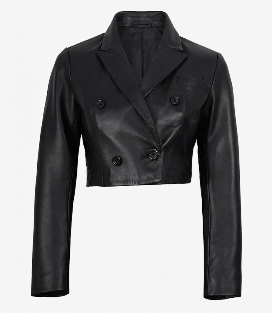 Women's black lambskin double-breasted cropped leather blazer front view