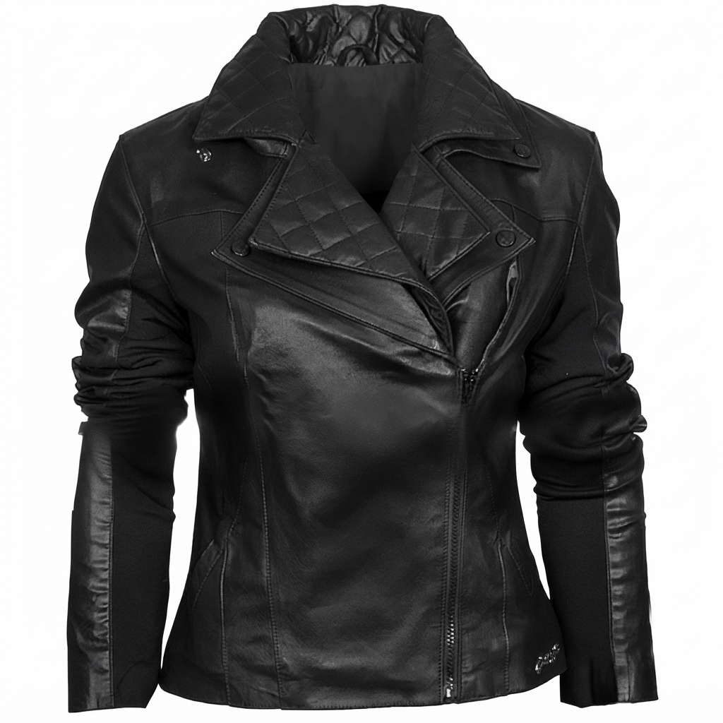 Double Collar Biker Jacket in black leather, women's front view