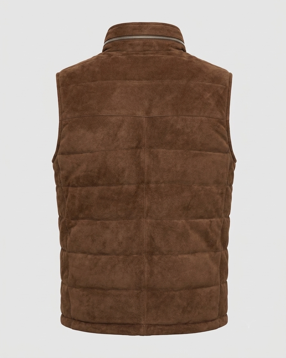Suede Puffer Vest – Back View Back view of men's suede puffer vest