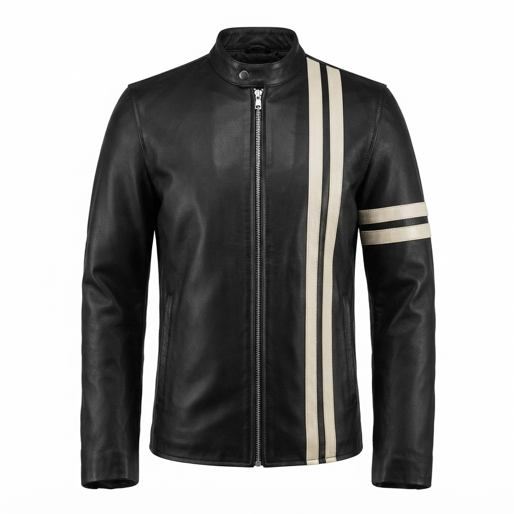 Slim fit black leather jacket for men, front view