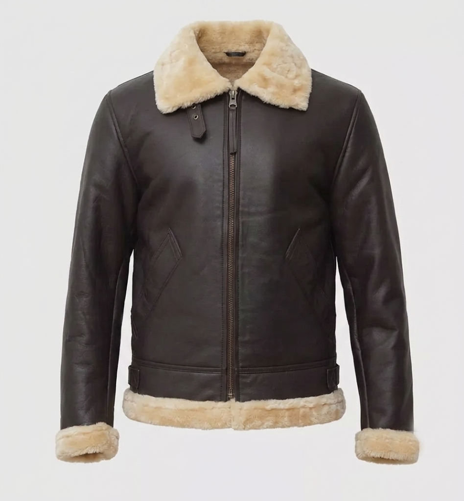 Men's dark brown shearling bomber jacket front view