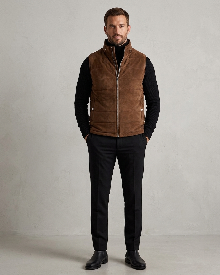Suede Puffer Vest – Lifestyle Shot Man wearing dark chestnut brown suede puffer vest outdoors
