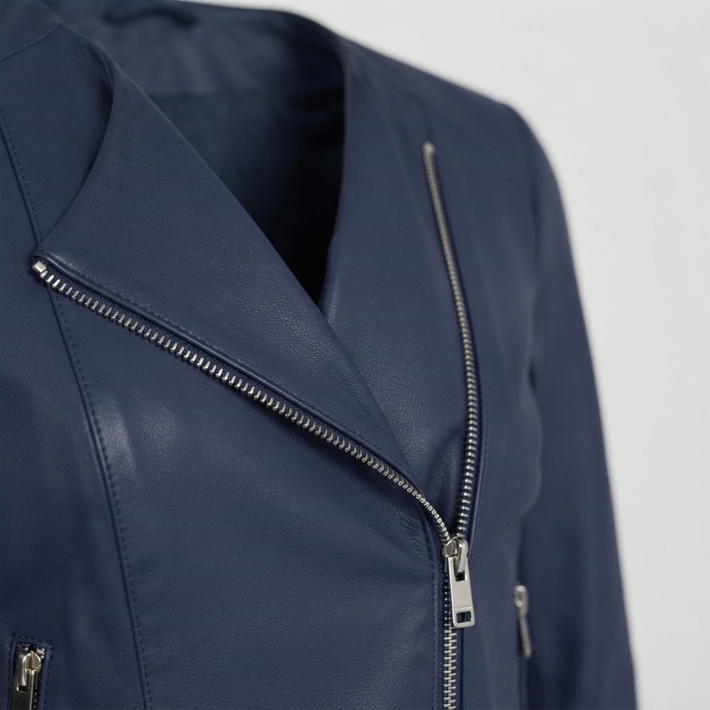 Blue Leather Jacket – Detail Close-up Blue leather jacket zipper and lapel collar close-up