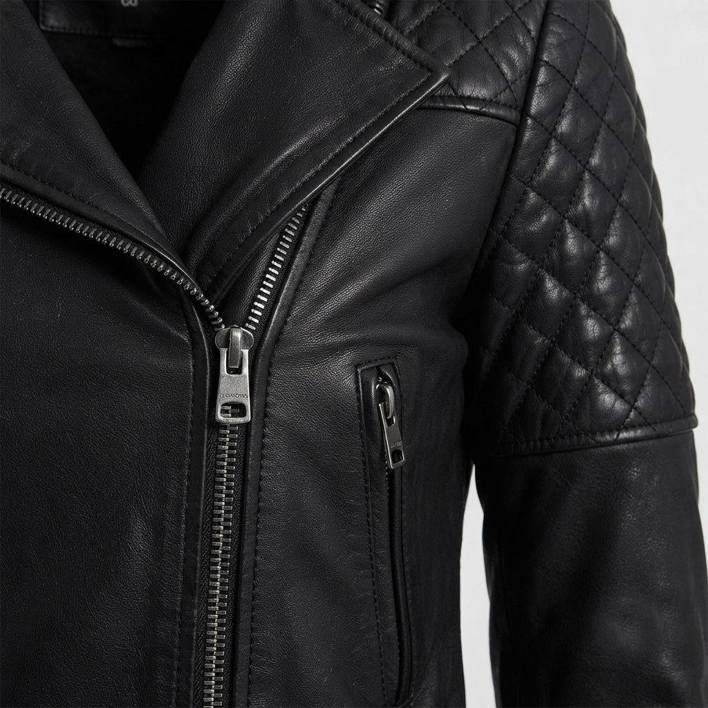 Quilted Asymmetrical Leather Jacket – Detail Shot Close-up detail of Quilted Asymmetrical Leather Jacket zipper and quilting